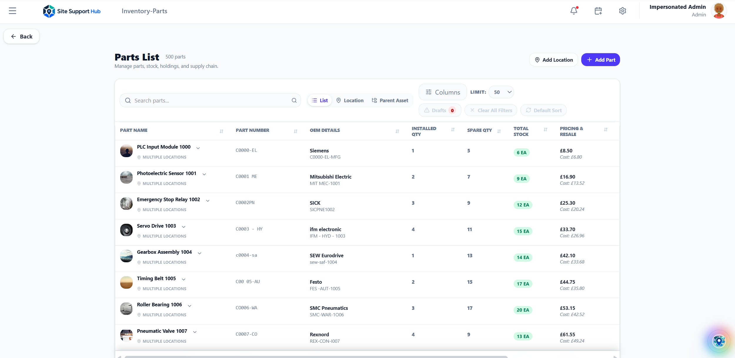 Site Support Hub parts list showing multi-location stock, installed quantities and pricing