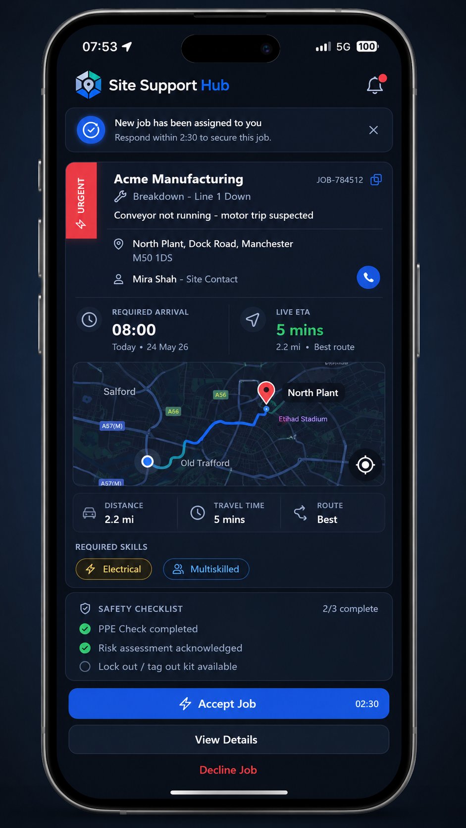Site Support Hub engineer mobile app showing an urgent job with live ETA, route preview and safety checklist