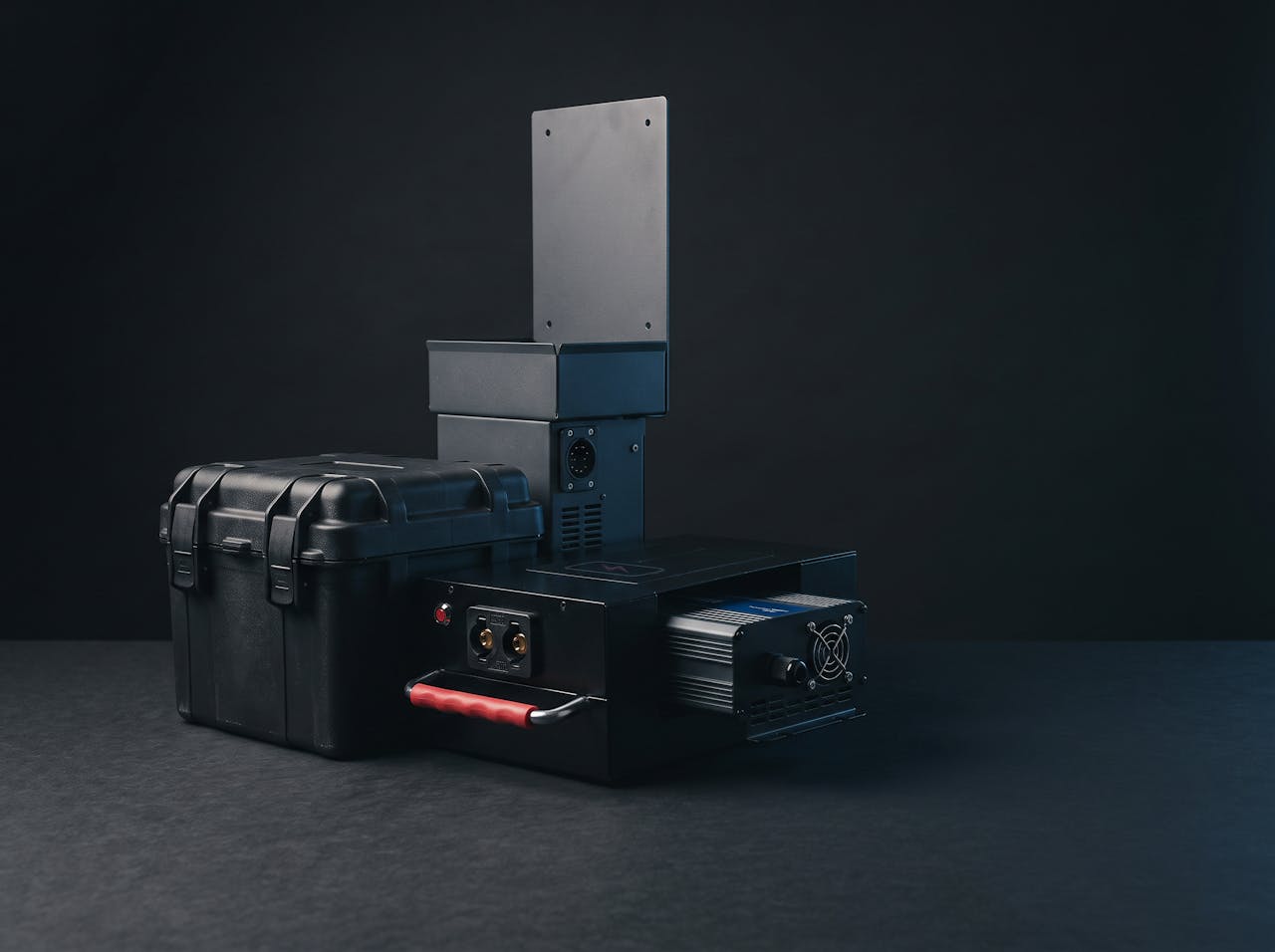 A mobile powered workstation cart with its battery box and inverter