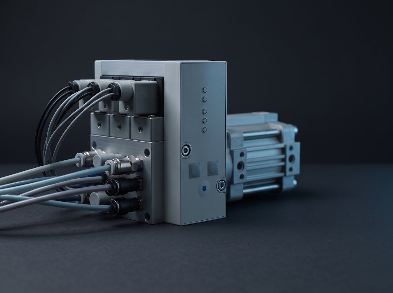 An electro-pneumatic valve manifold with actuator and airline fittings