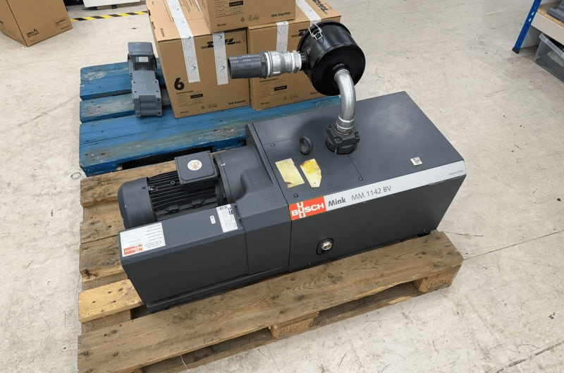 A Busch Mink MM 1142 BV oil-free rotary claw vacuum pump on a pallet, ready for overhaul