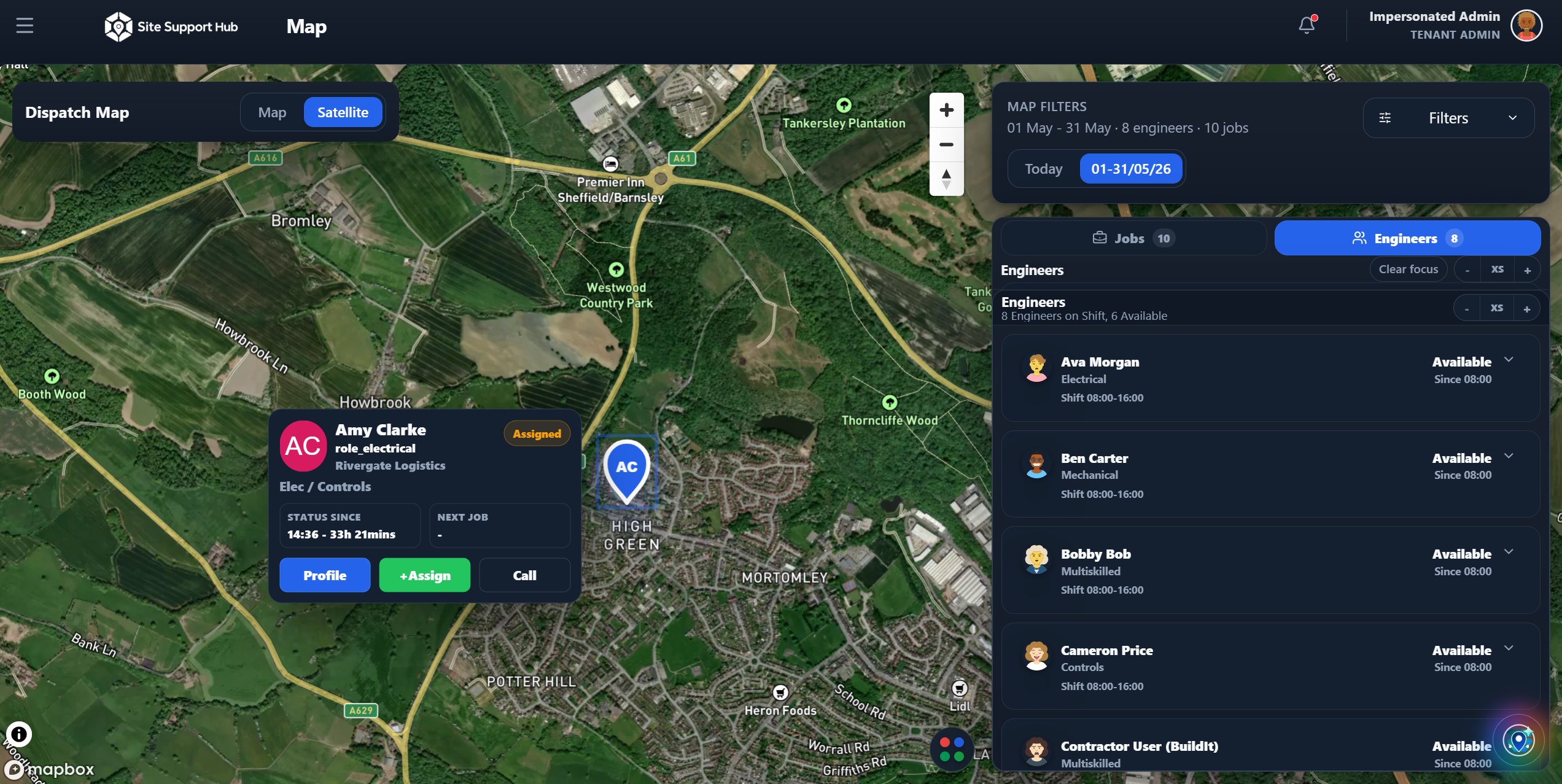 Site Support Hub dispatch map showing live engineer locations and job assignment over a satellite view